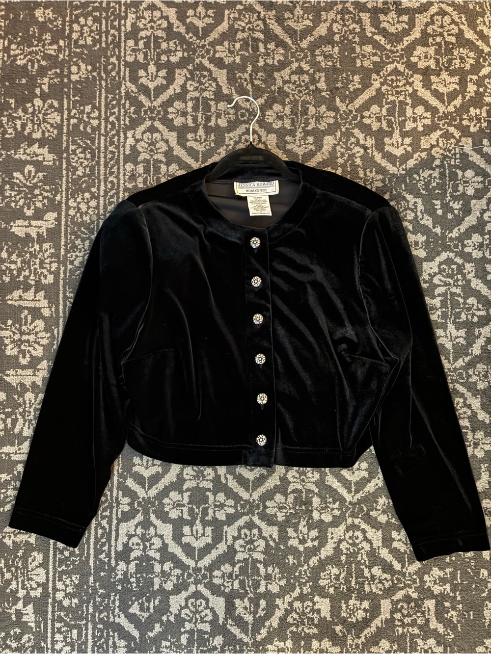 Black cropped cardigan button front long sleeves and rhinestone like buttons 16p